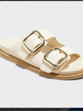 Women’s Bone color, Double Buckle Slide Sandal with Gold Buckles size: 8.5